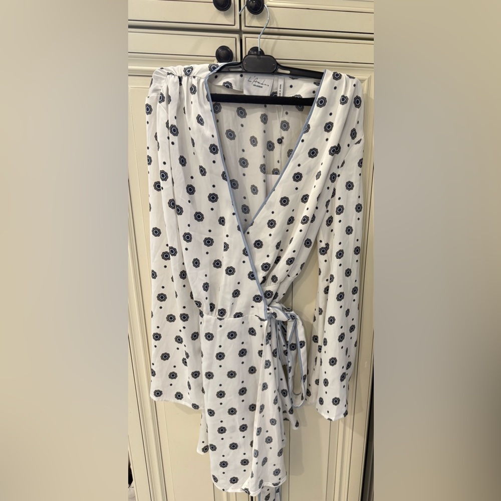 White Wrap Dress with Blue Floral Pattern